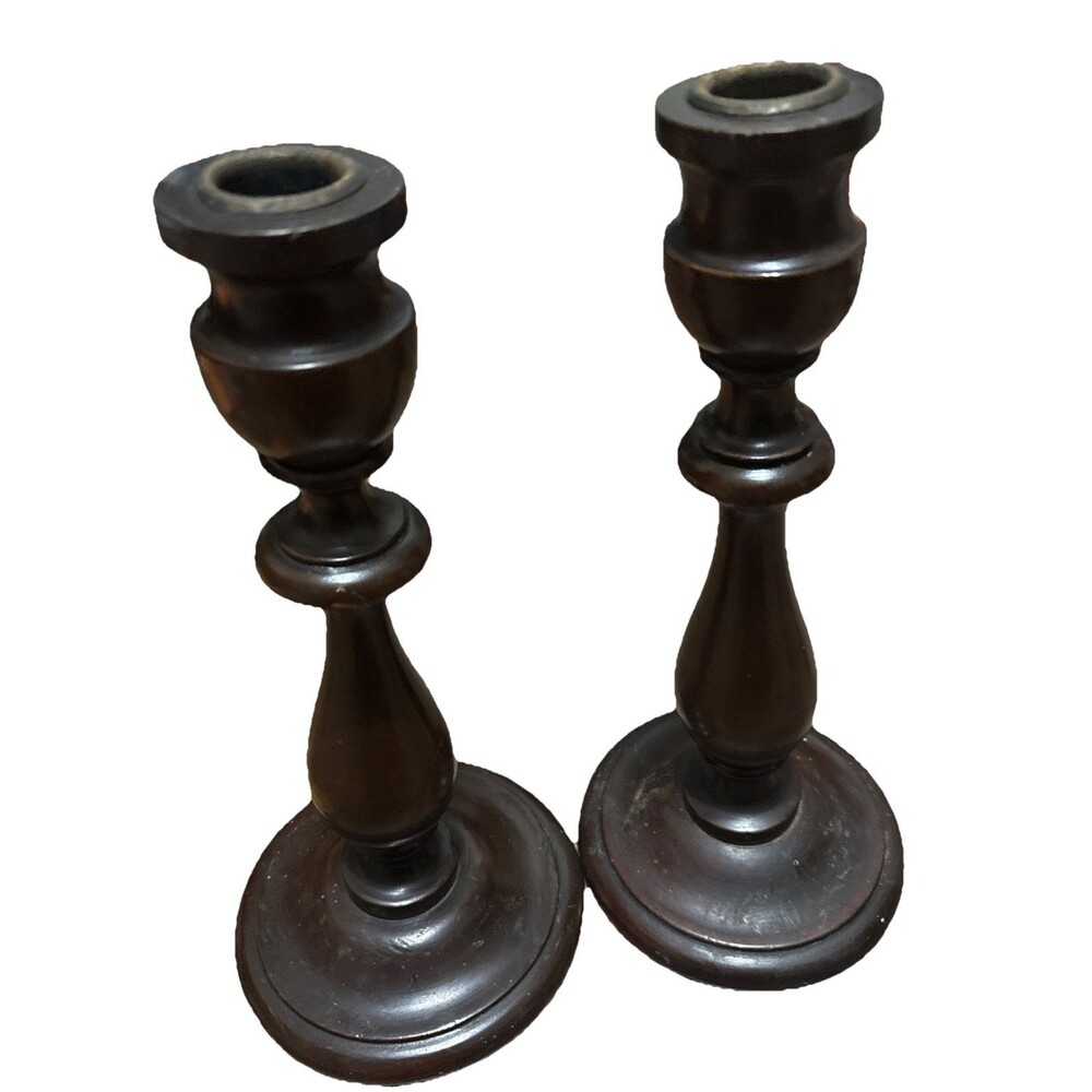 Vtg Antique Turned Wooden Set of Candle Stick Holders Dark Wood 10” & 10.5”